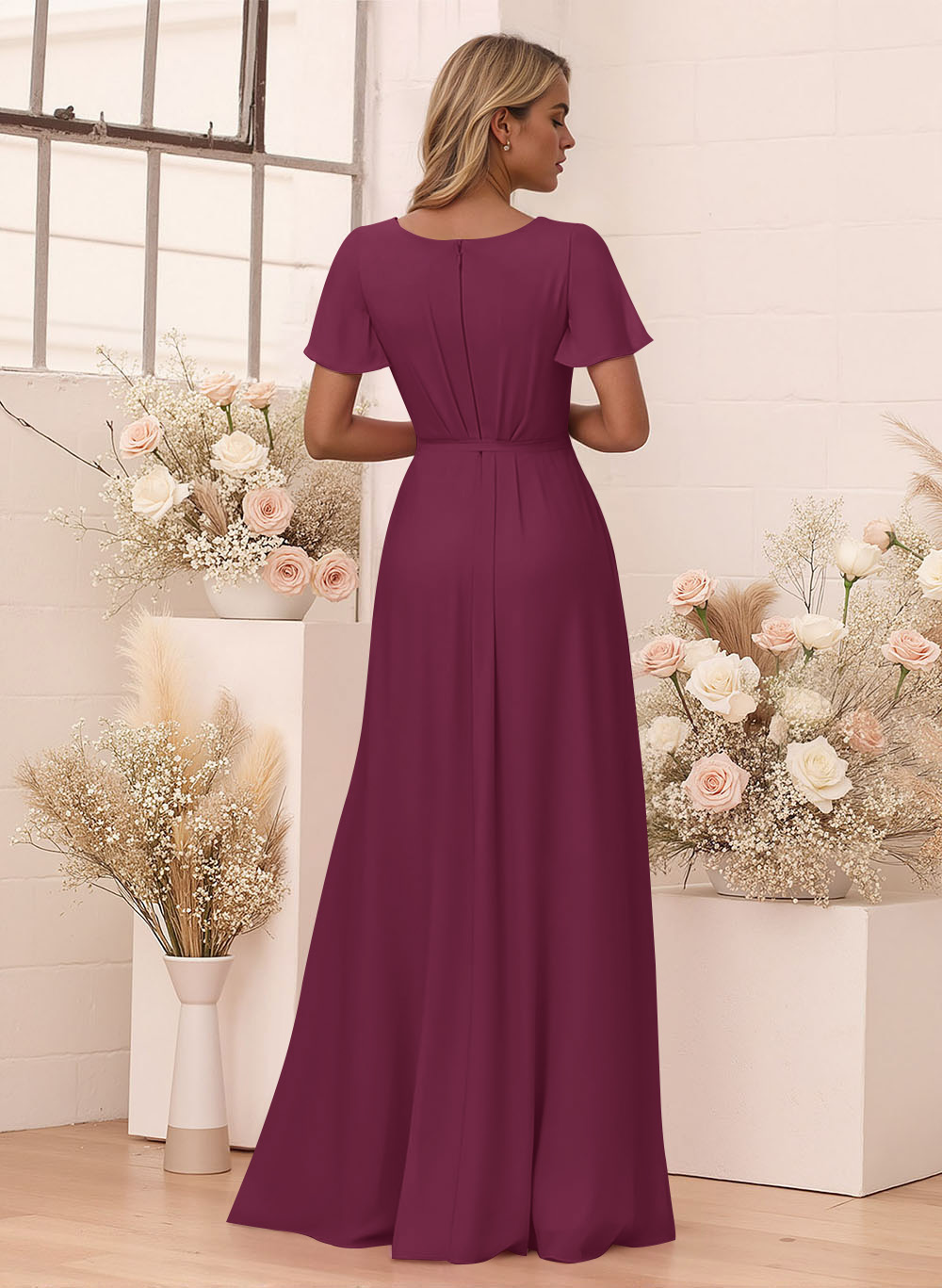 Elegant V-Neck Flutter Sleeve Floor-Length Chiffon Bridesmaid With Split Front, product image 106