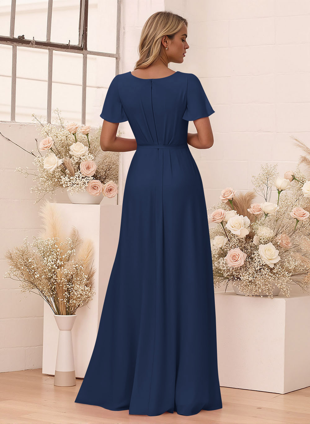 Elegant V-Neck Flutter Sleeve Floor-Length Chiffon Bridesmaid With Split Front, product image 134
