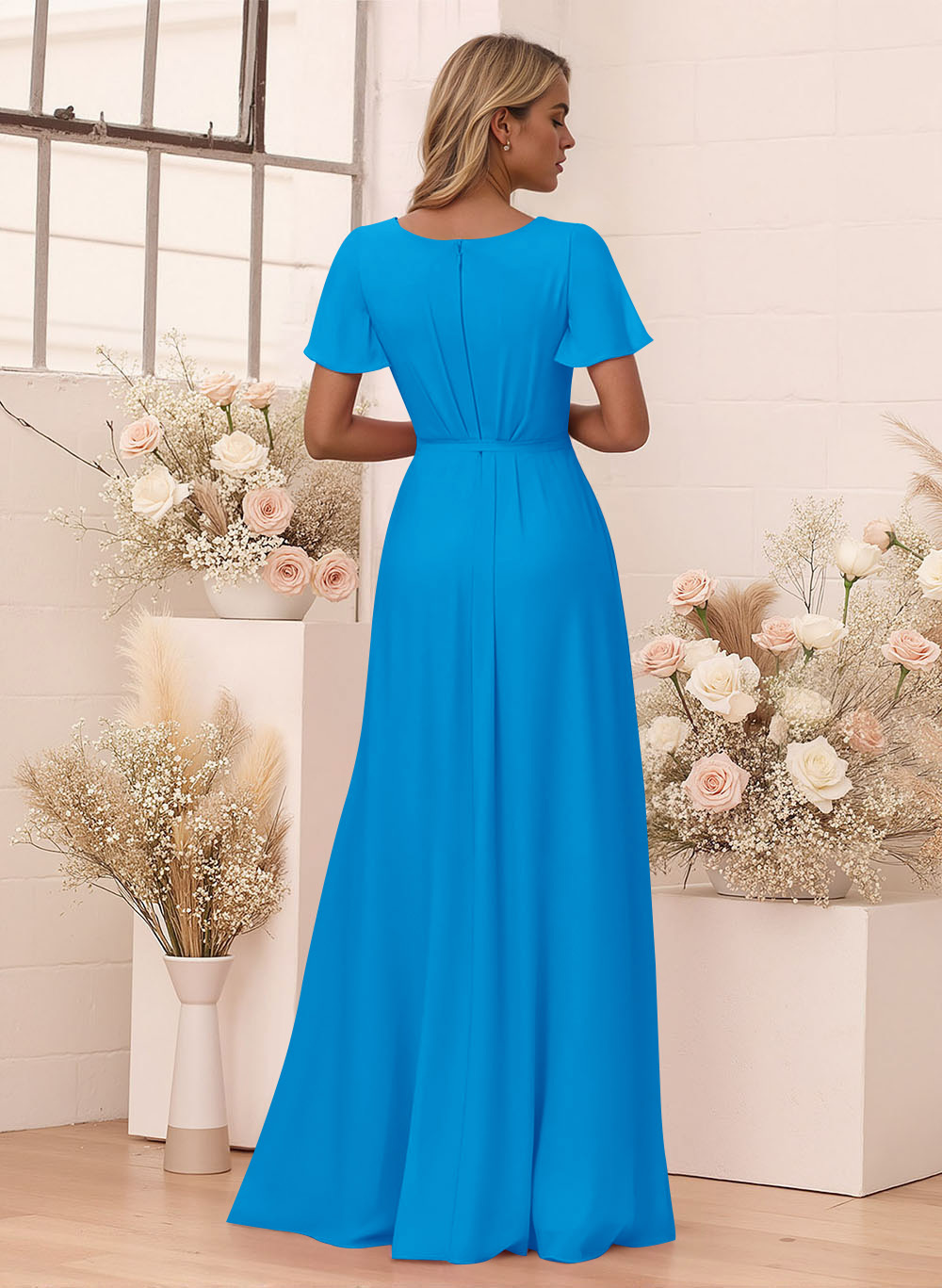 Elegant V-Neck Flutter Sleeve Floor-Length Chiffon Bridesmaid With Split Front, product image 122