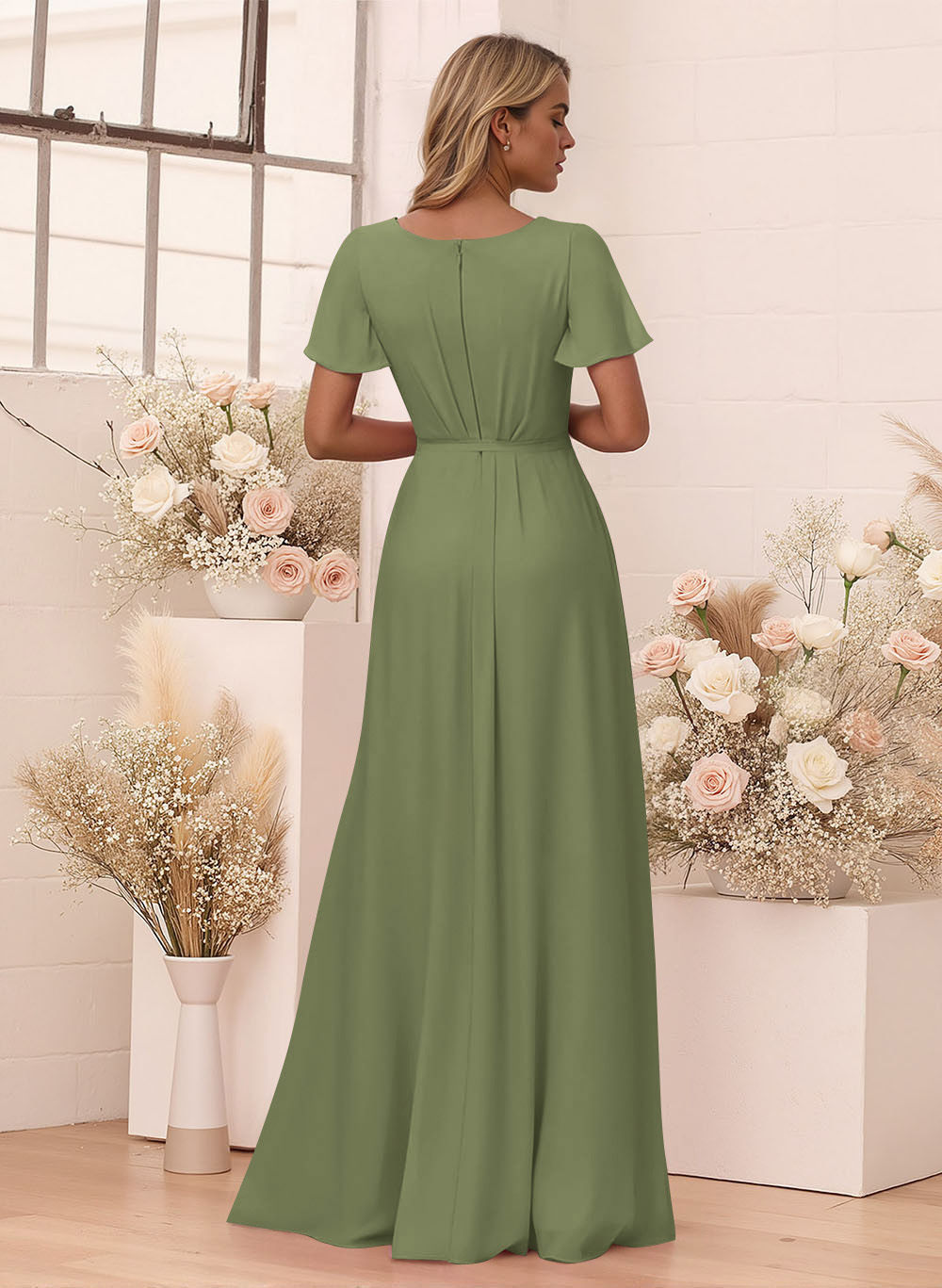 Elegant V-Neck Flutter Sleeve Floor-Length Chiffon Bridesmaid With Split Front, product image 20
