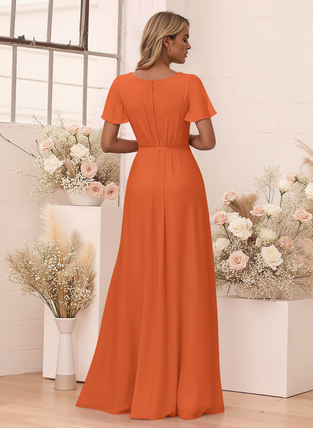Elegant V-Neck Flutter Sleeve Floor-Length Chiffon Bridesmaid With Split Front, product image 36