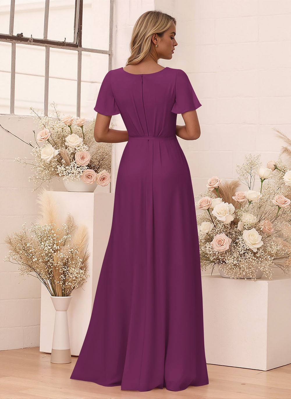 Elegant V-Neck Flutter Sleeve Floor-Length Chiffon Bridesmaid With Split Front, product image 68