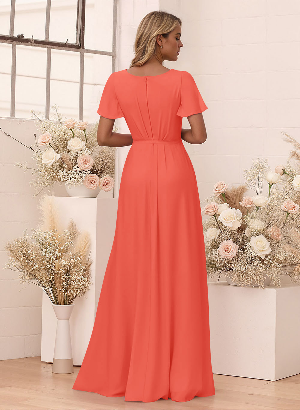 Elegant V-Neck Flutter Sleeve Floor-Length Chiffon Bridesmaid With Split Front, product image 34