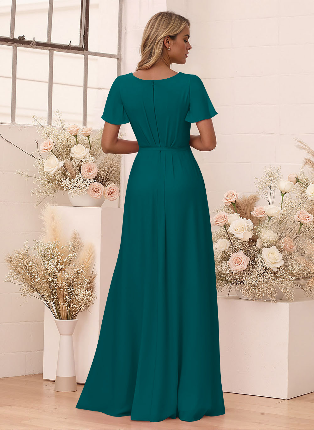Elegant V-Neck Flutter Sleeve Floor-Length Chiffon Bridesmaid With Split Front, product image 56