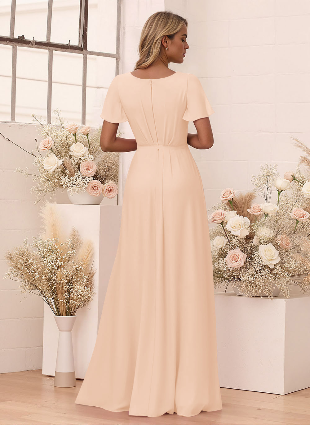 Elegant V-Neck Flutter Sleeve Floor-Length Chiffon Bridesmaid With Split Front, product image 96