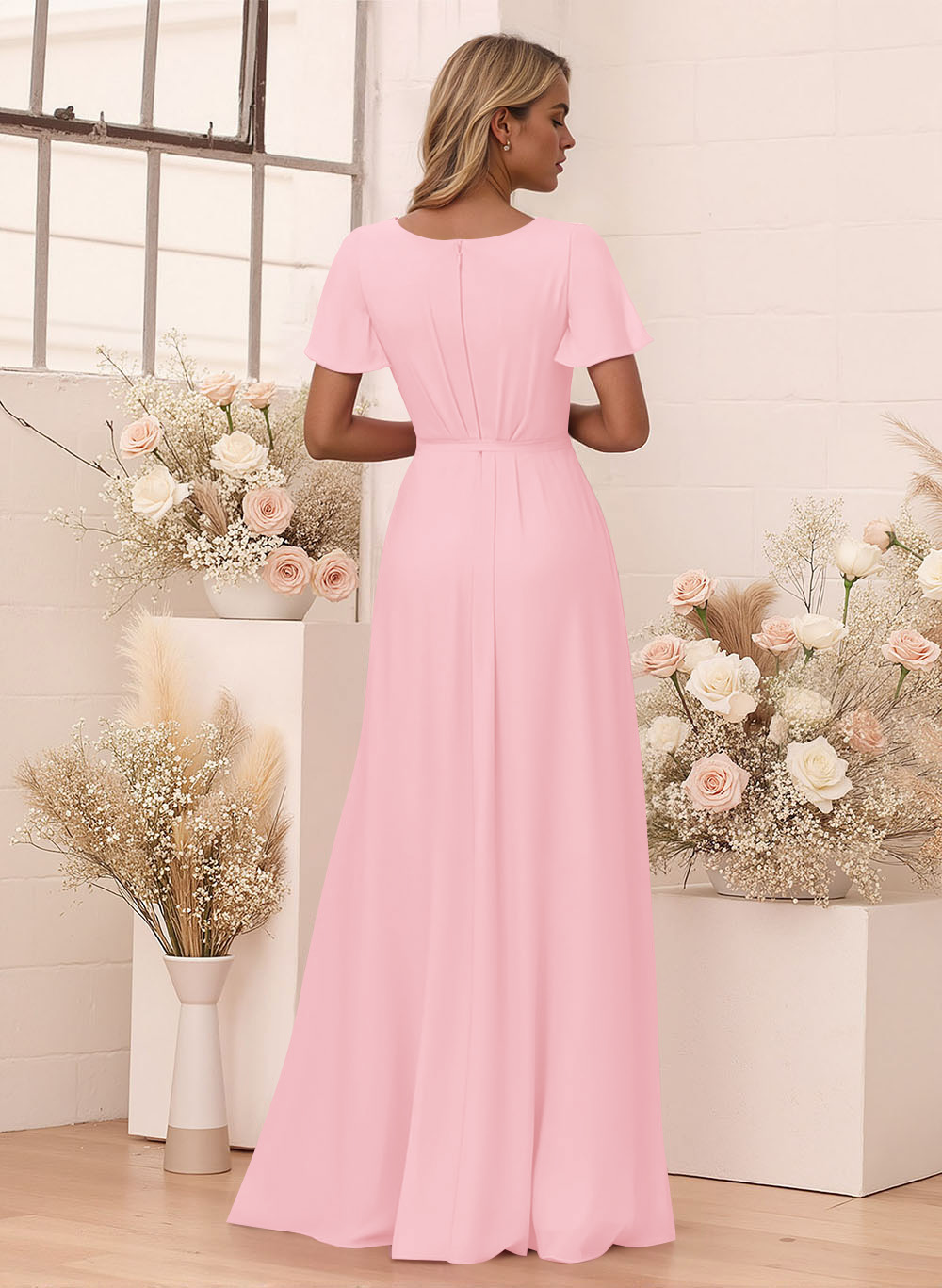 Elegant V-Neck Flutter Sleeve Floor-Length Chiffon Bridesmaid With Split Front, product image 94