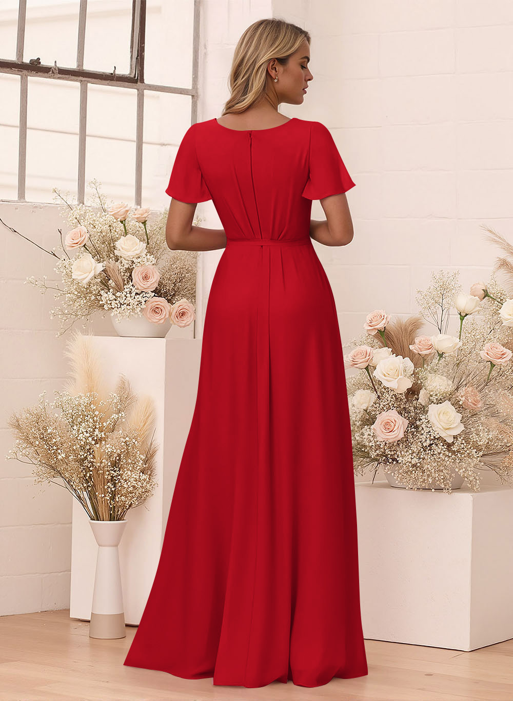 Elegant V-Neck Flutter Sleeve Floor-Length Chiffon Bridesmaid With Split Front, product image 104