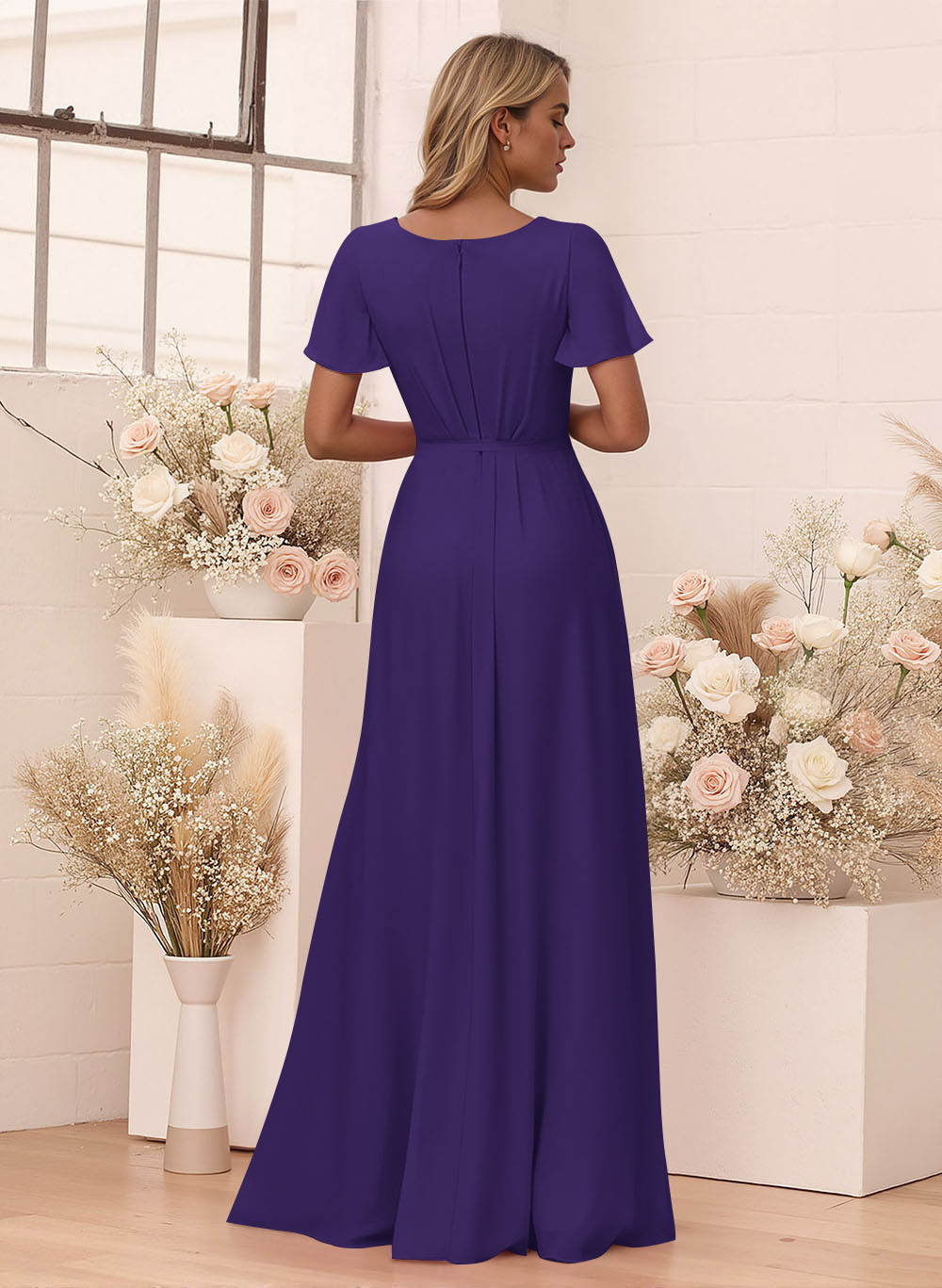 Elegant V-Neck Flutter Sleeve Floor-Length Chiffon Bridesmaid With Split Front, product image 62