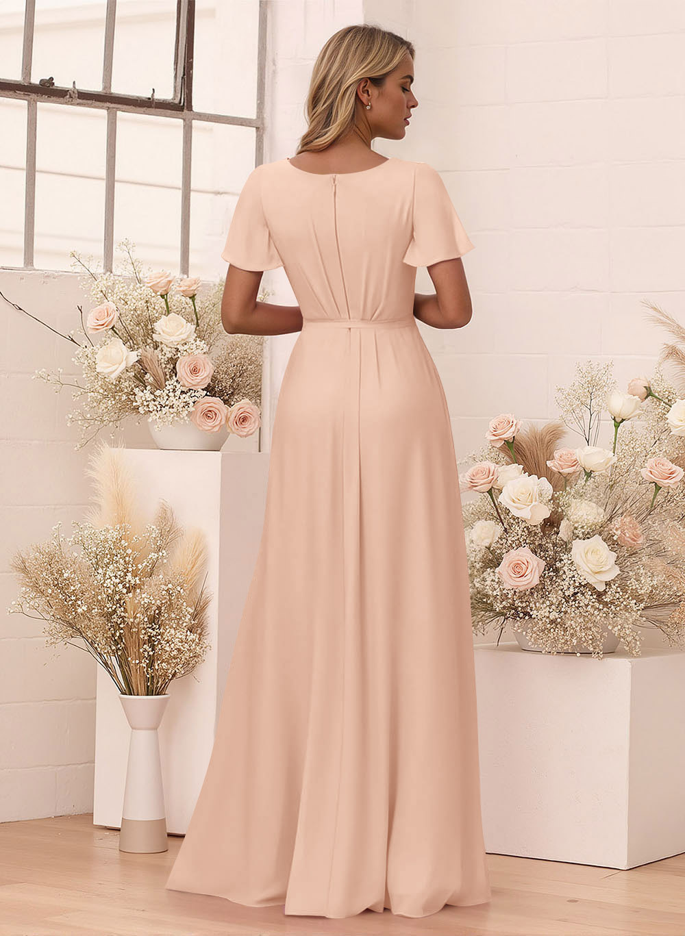 Elegant V-Neck Flutter Sleeve Floor-Length Chiffon Bridesmaid With Split Front, product image 14