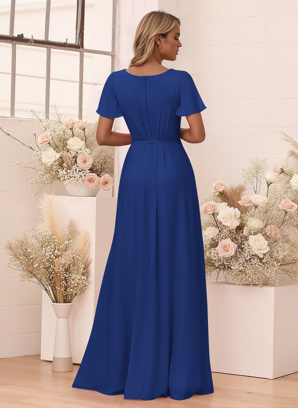 Elegant V-Neck Flutter Sleeve Floor-Length Chiffon Bridesmaid With Split Front, product image 124