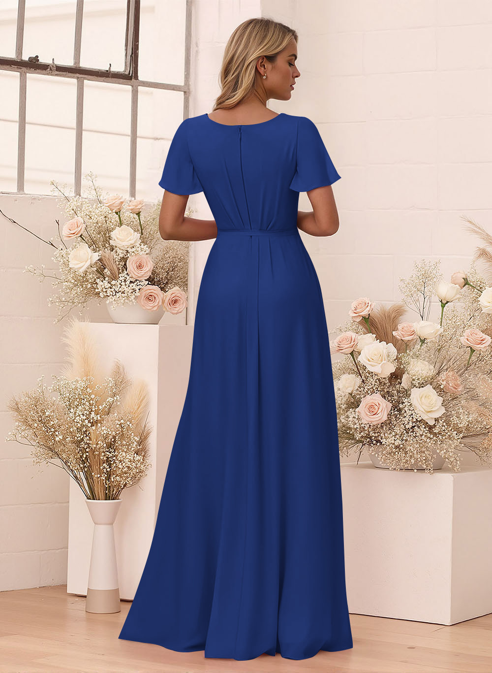 Elegant V-Neck Flutter Sleeve Floor-Length Chiffon Bridesmaid With Split Front, product image 124