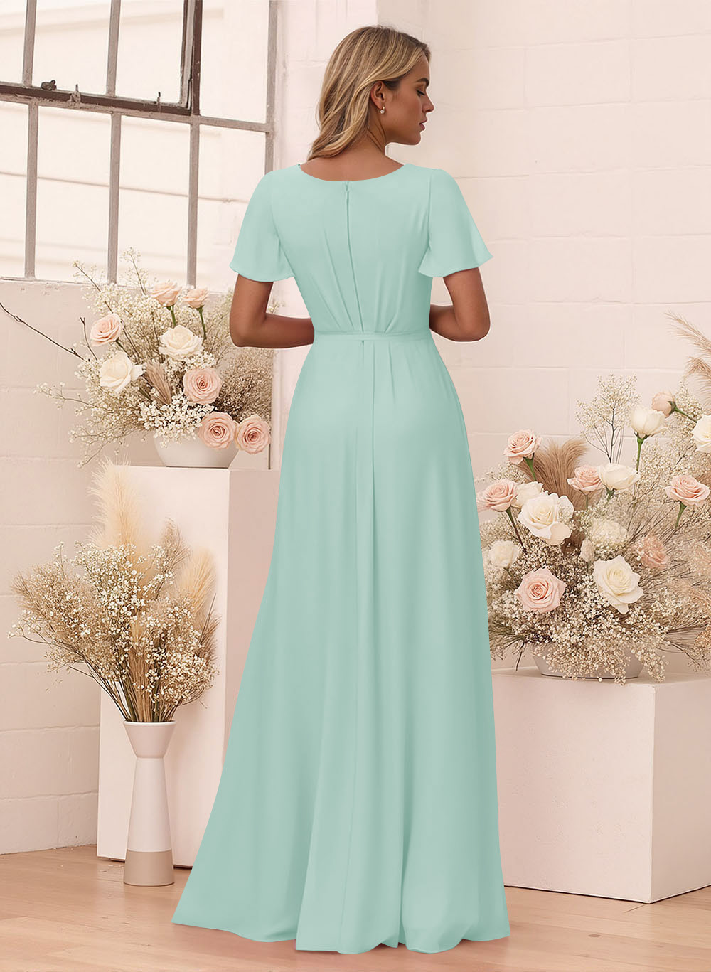 Elegant V-Neck Flutter Sleeve Floor-Length Chiffon Bridesmaid With Split Front, product image 50