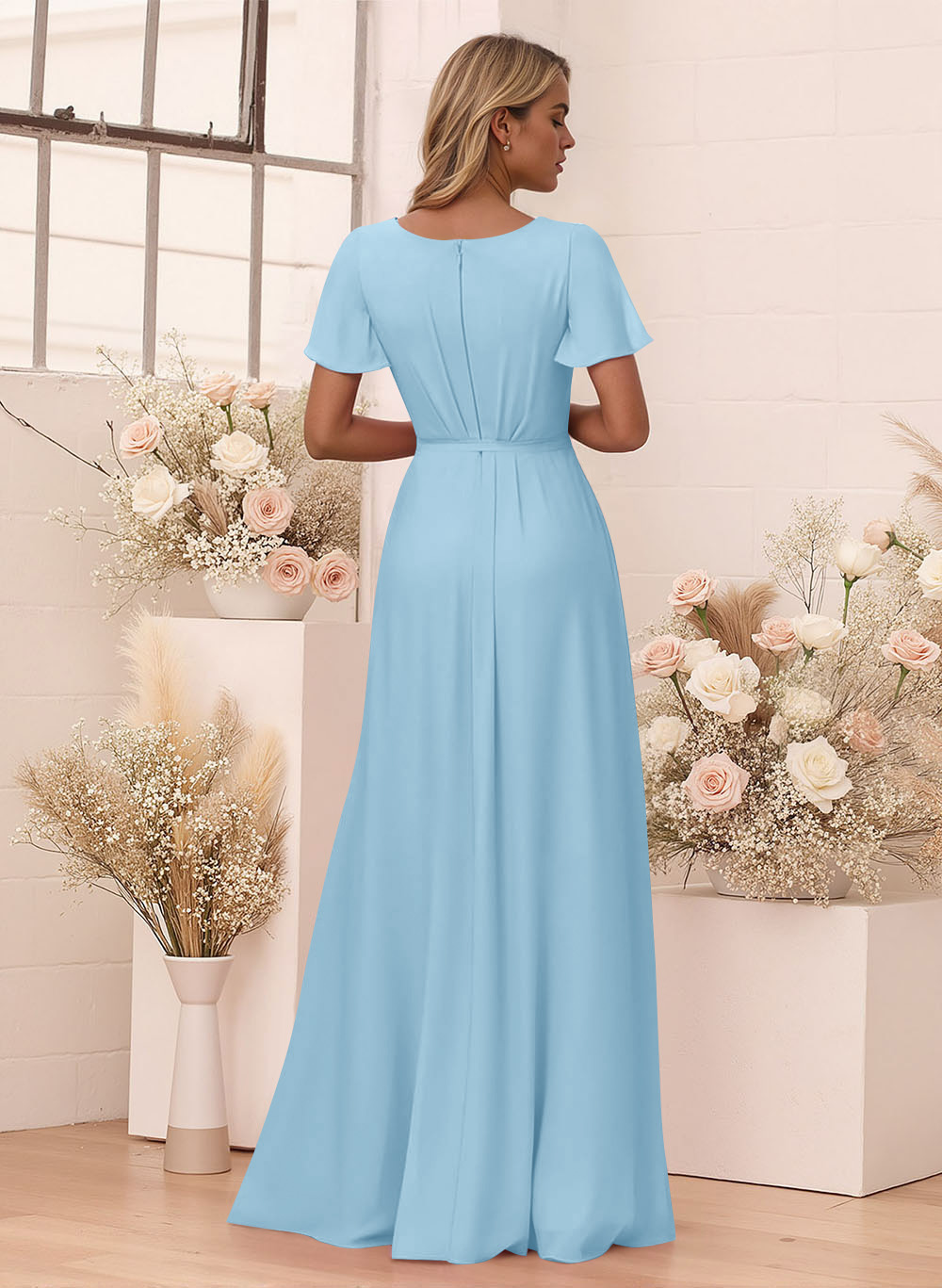 Elegant V-Neck Flutter Sleeve Floor-Length Chiffon Bridesmaid With Split Front, product image 116