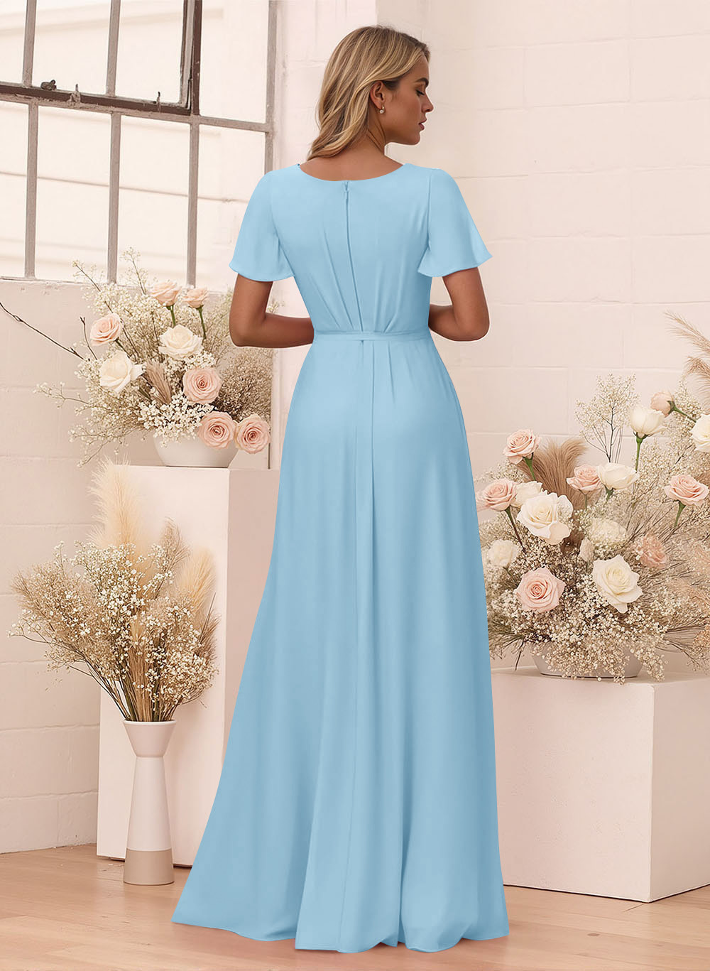 Elegant V-Neck Flutter Sleeve Floor-Length Chiffon Bridesmaid With Split Front, product image 116