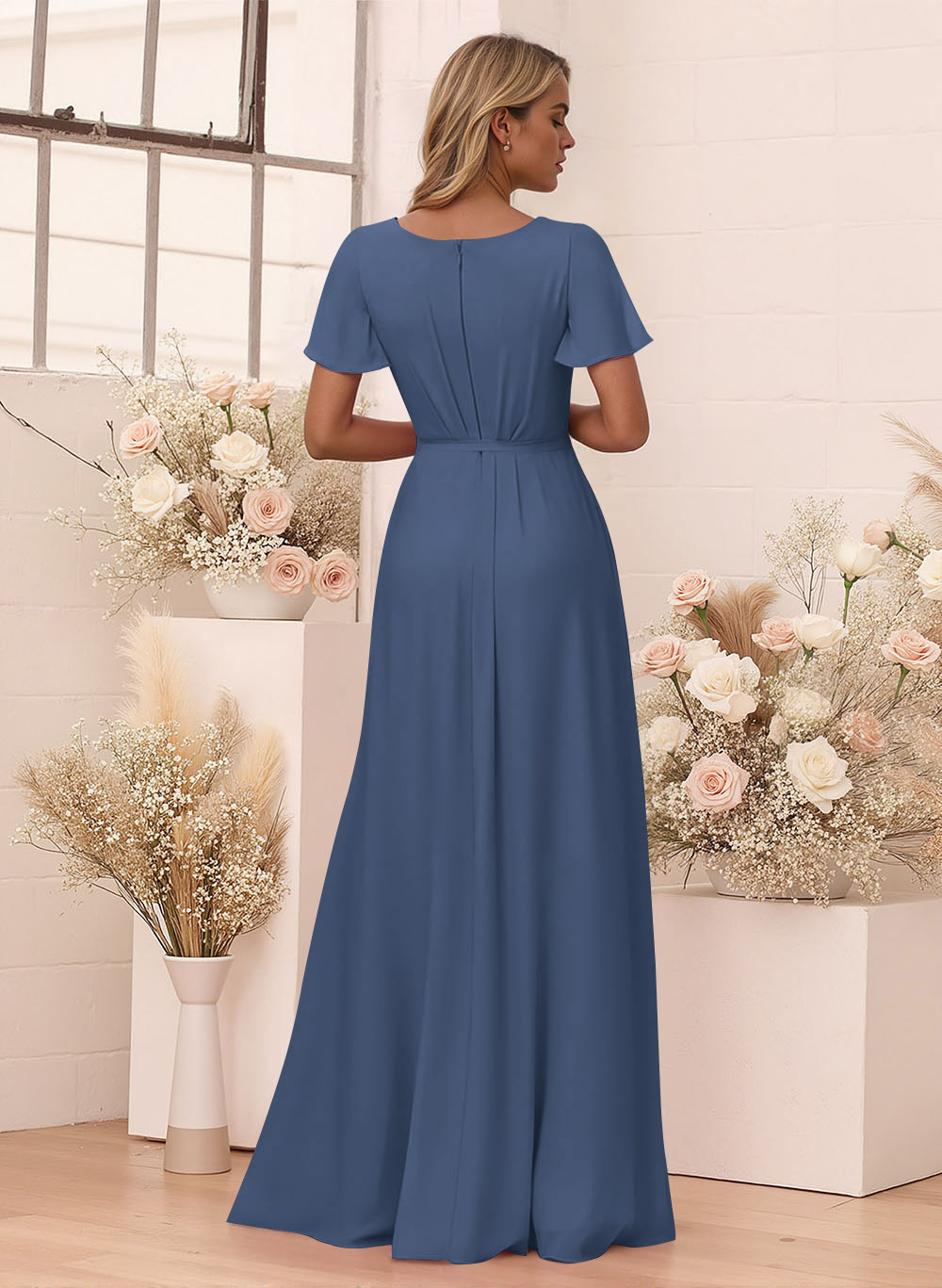 Elegant V-Neck Flutter Sleeve Floor-Length Chiffon Bridesmaid With Split Front, product image 130