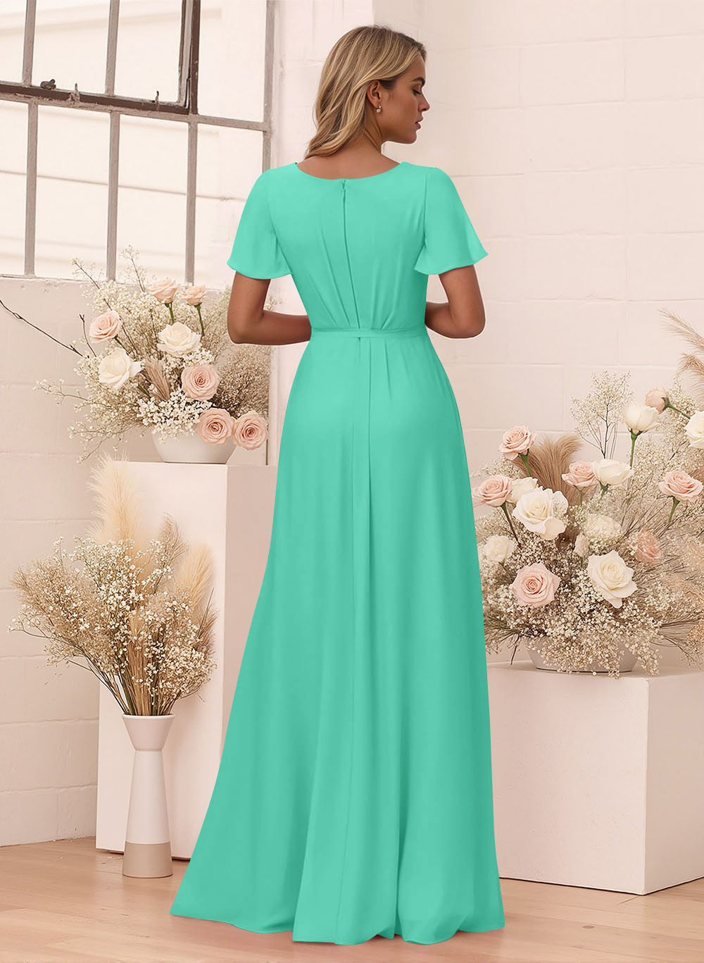 Elegant V-Neck Flutter Sleeve Floor-Length Chiffon Bridesmaid With Split Front, product image 46