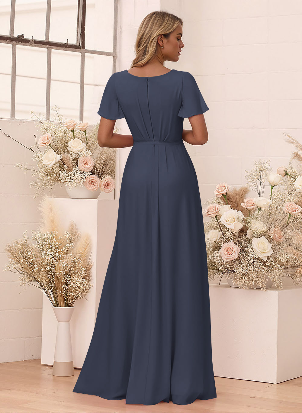 Elegant V-Neck Flutter Sleeve Floor-Length Chiffon Bridesmaid With Split Front, product image 128