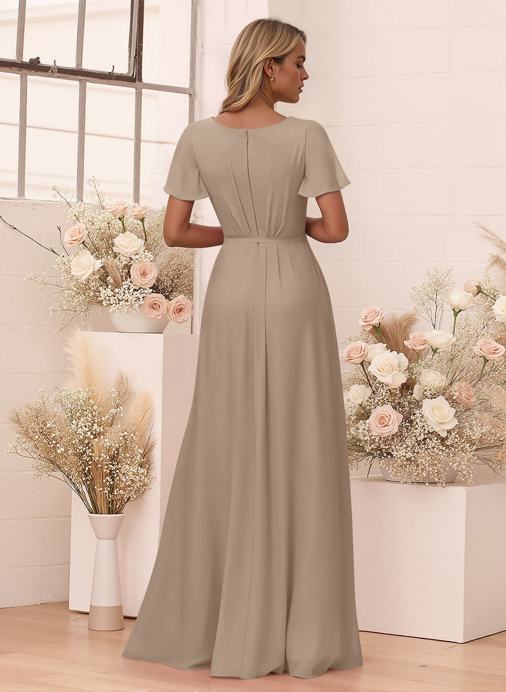 Elegant V-Neck Flutter Sleeve Floor-Length Chiffon Bridesmaid With Split Front, product image 42