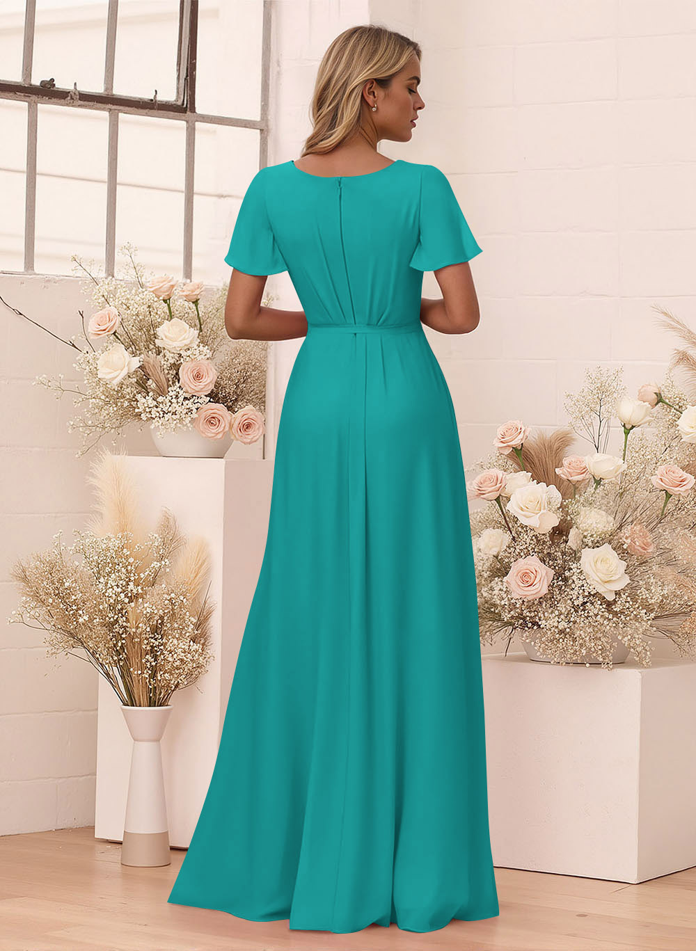 Elegant V-Neck Flutter Sleeve Floor-Length Chiffon Bridesmaid With Split Front, product image 4