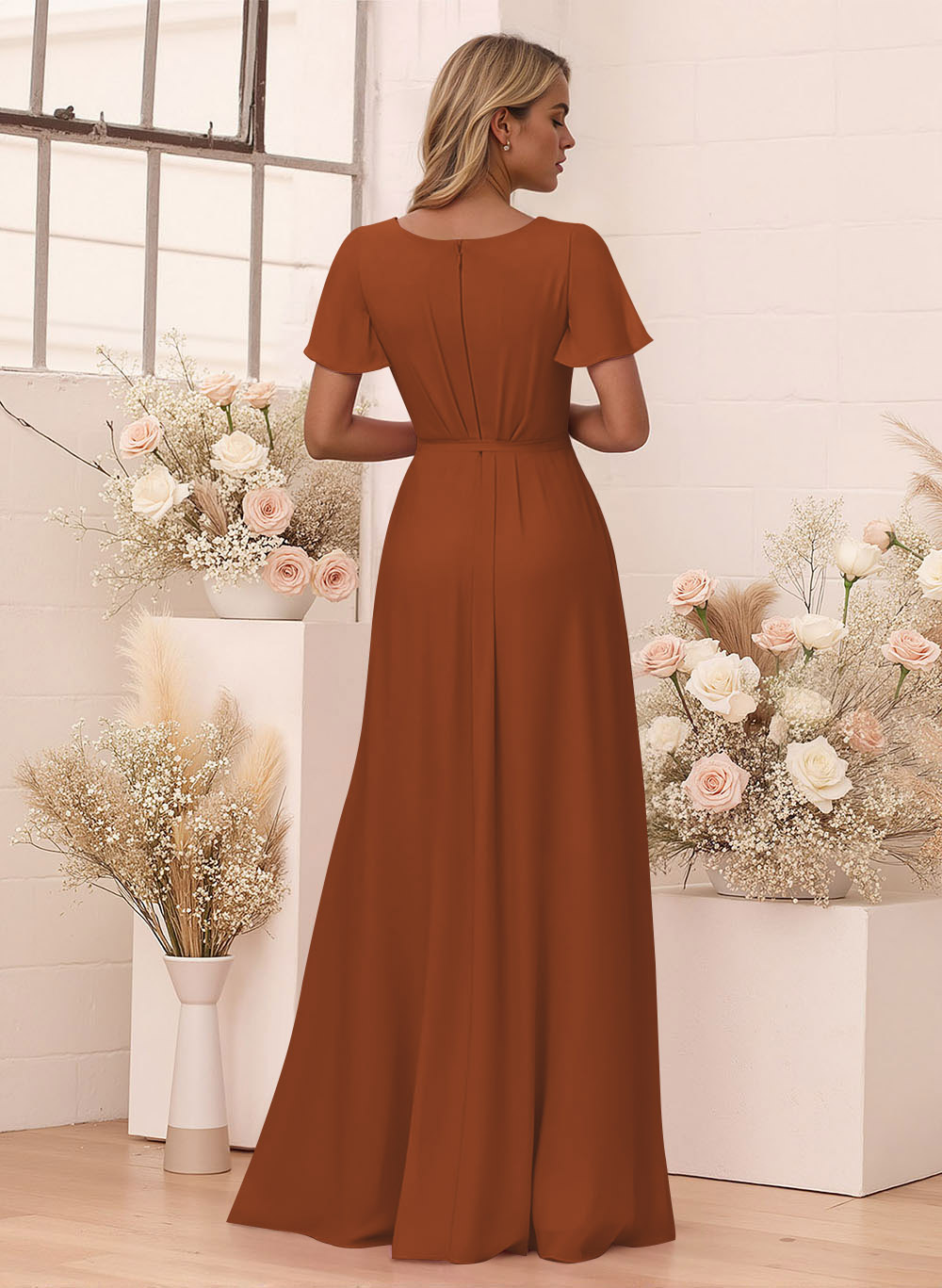 Elegant V-Neck Flutter Sleeve Floor-Length Chiffon Bridesmaid With Split Front, product image 6