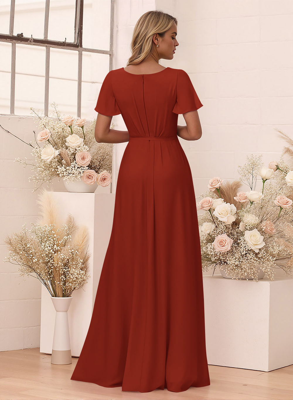 Elegant V-Neck Flutter Sleeve Floor-Length Chiffon Bridesmaid With Split Front, product image 102