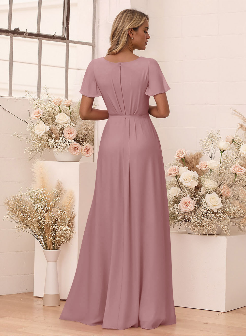 Elegant V-Neck Flutter Sleeve Floor-Length Chiffon Bridesmaid With Split Front, product image 82