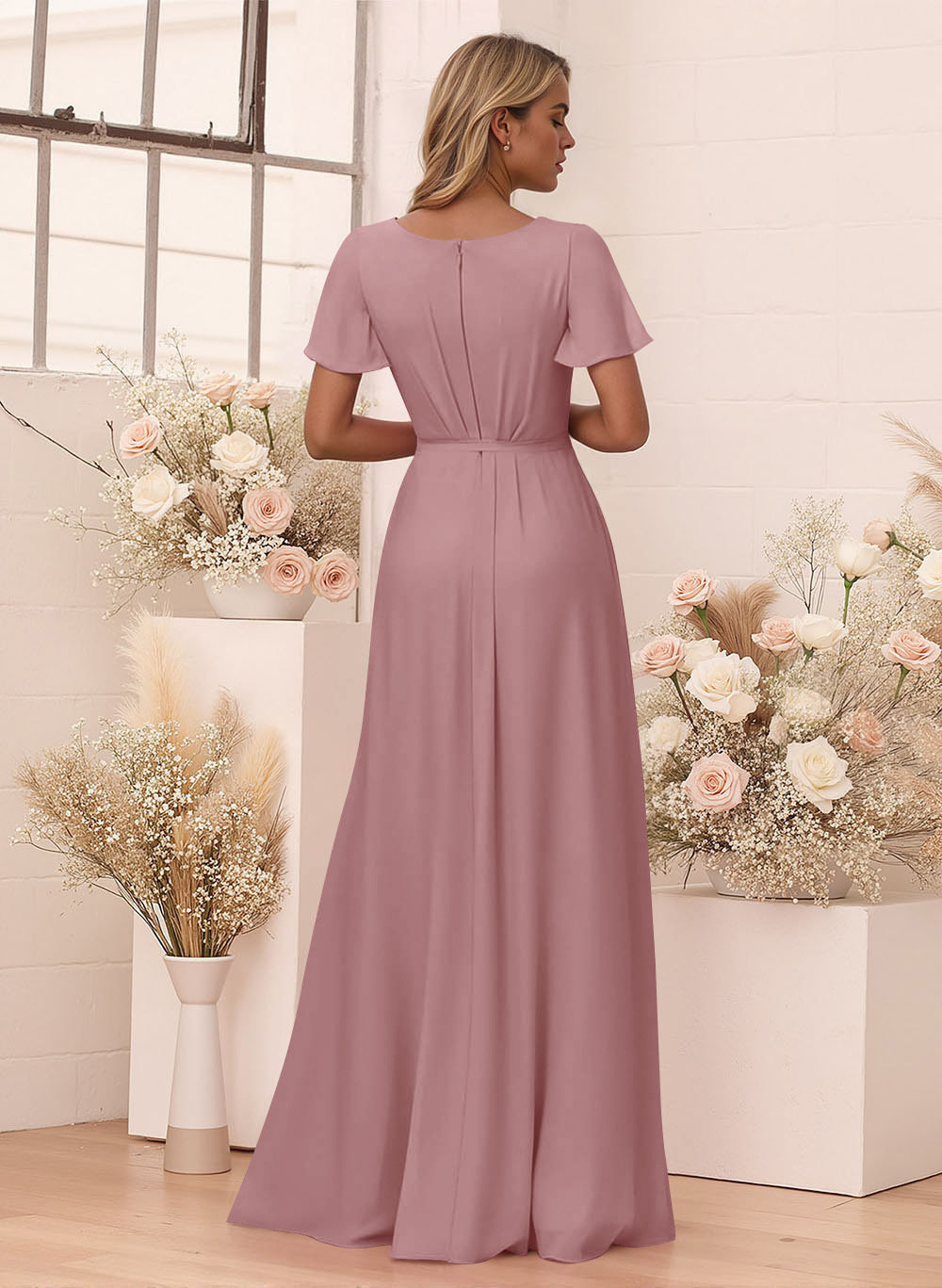 Elegant V-Neck Flutter Sleeve Floor-Length Chiffon Bridesmaid With Split Front, product image 82