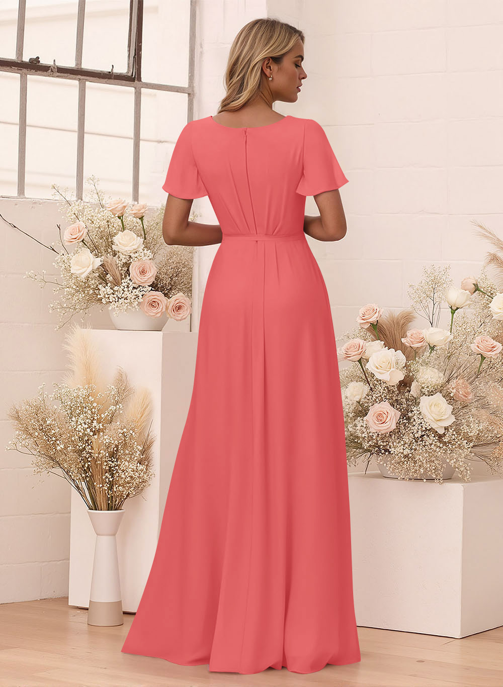 Elegant V-Neck Flutter Sleeve Floor-Length Chiffon Bridesmaid With Split Front, product image 100