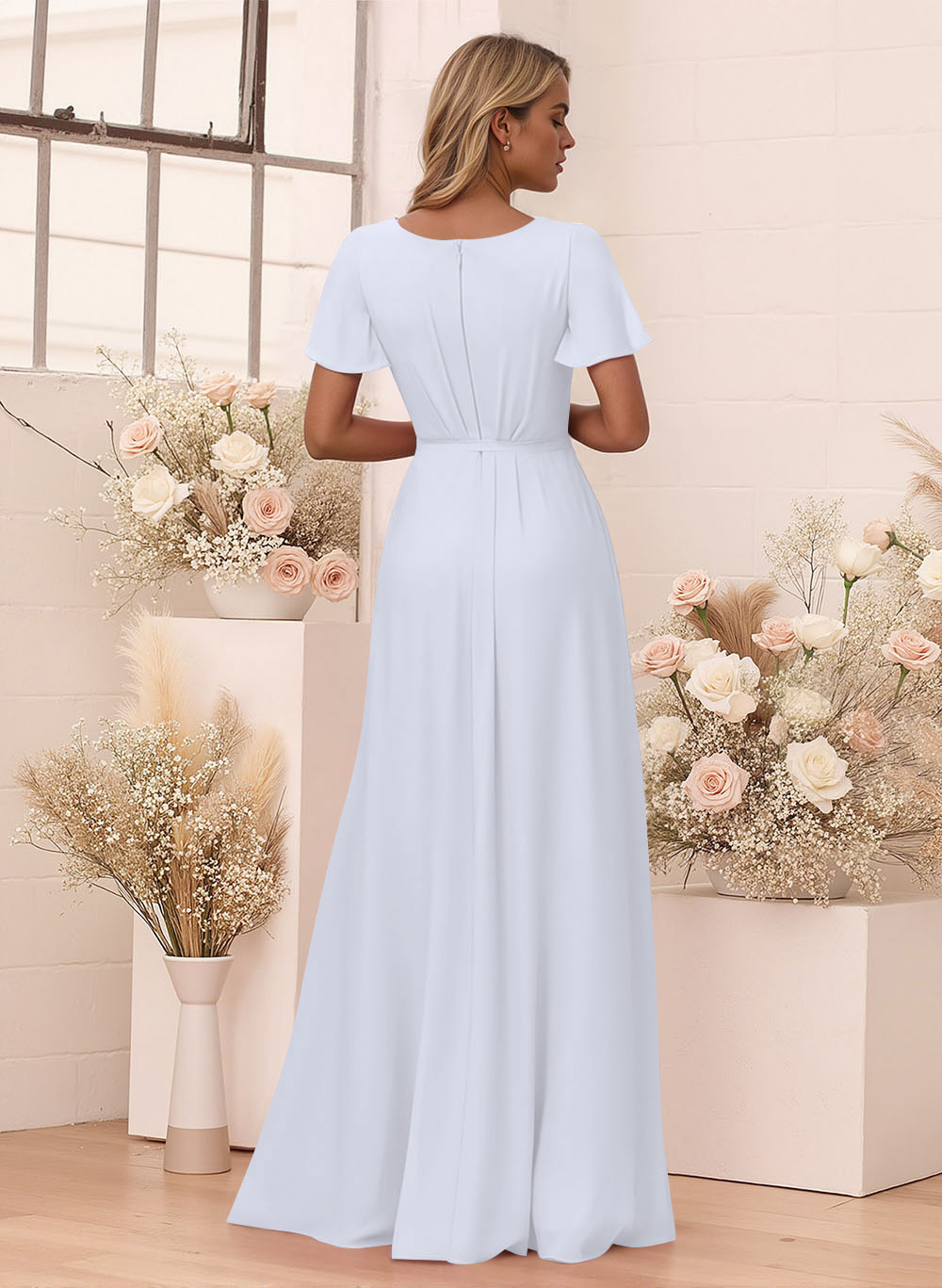 Elegant V-Neck Flutter Sleeve Floor-Length Chiffon Bridesmaid With Split Front, product image 28