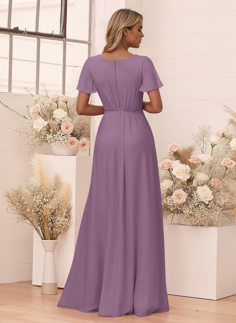 Elegant V-Neck Flutter Sleeve Floor-Length Chiffon Bridesmaid With Split Front, product image 84