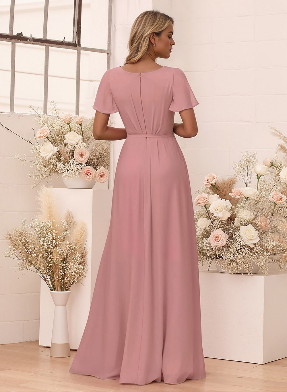 Elegant V-Neck Flutter Sleeve Floor-Length Chiffon Bridesmaid With Split Front, product image 2