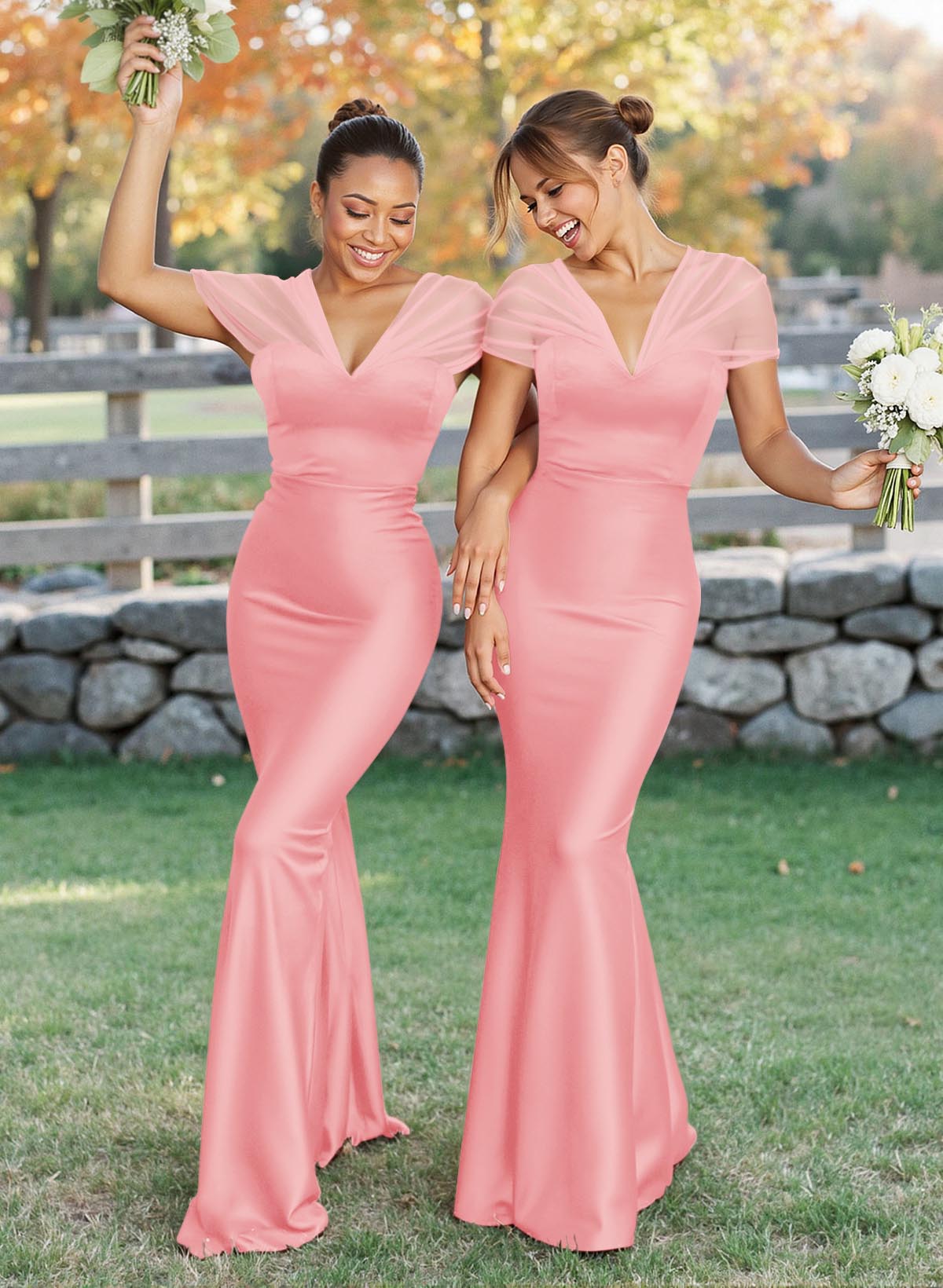 Elegant V-Neck Floor-Length Mermaid Satin/Tulle Bridesmaid Dresses, product image 7