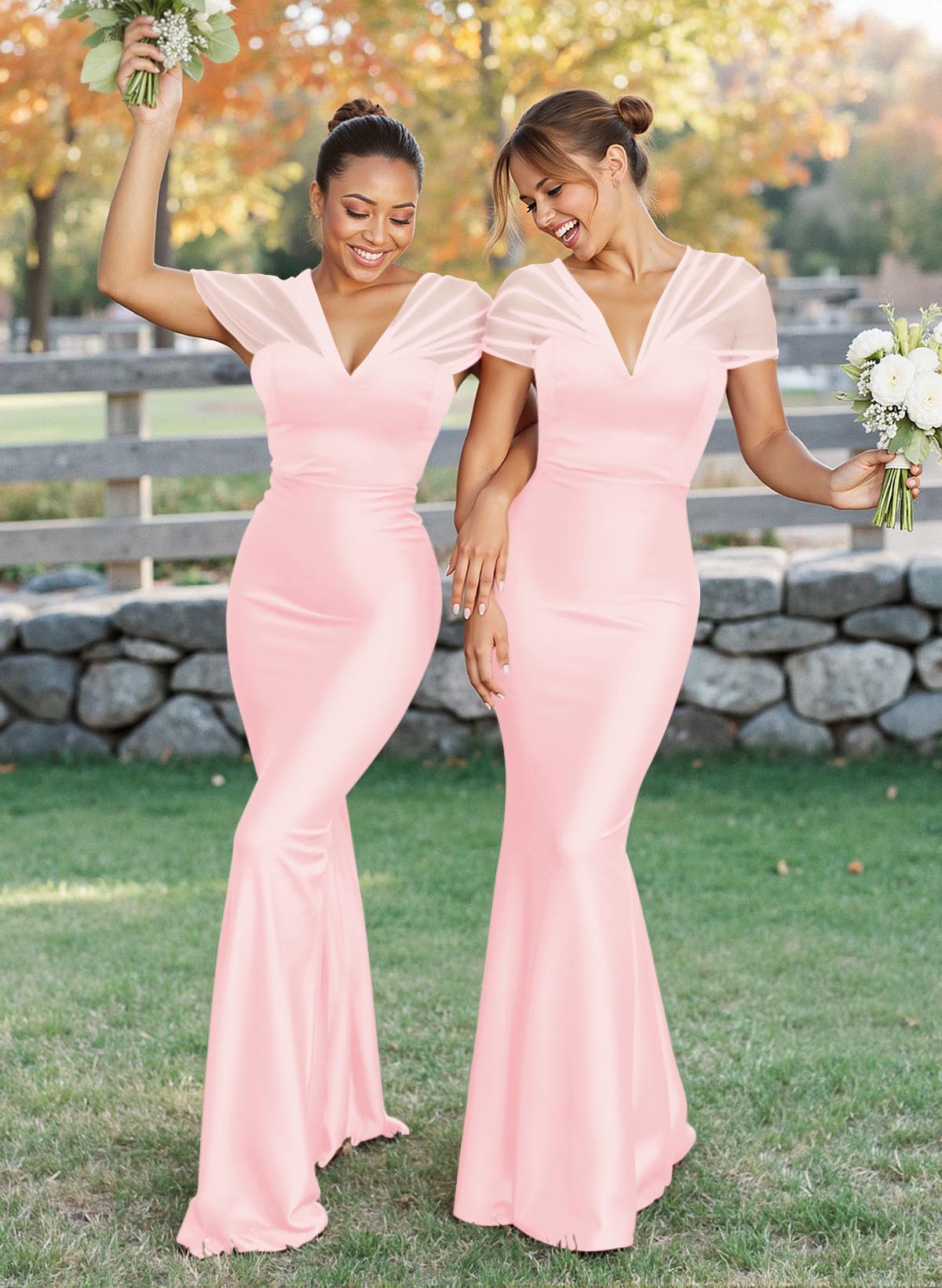 Elegant V-Neck Floor-Length Mermaid Satin/Tulle Bridesmaid Dresses, product image 10