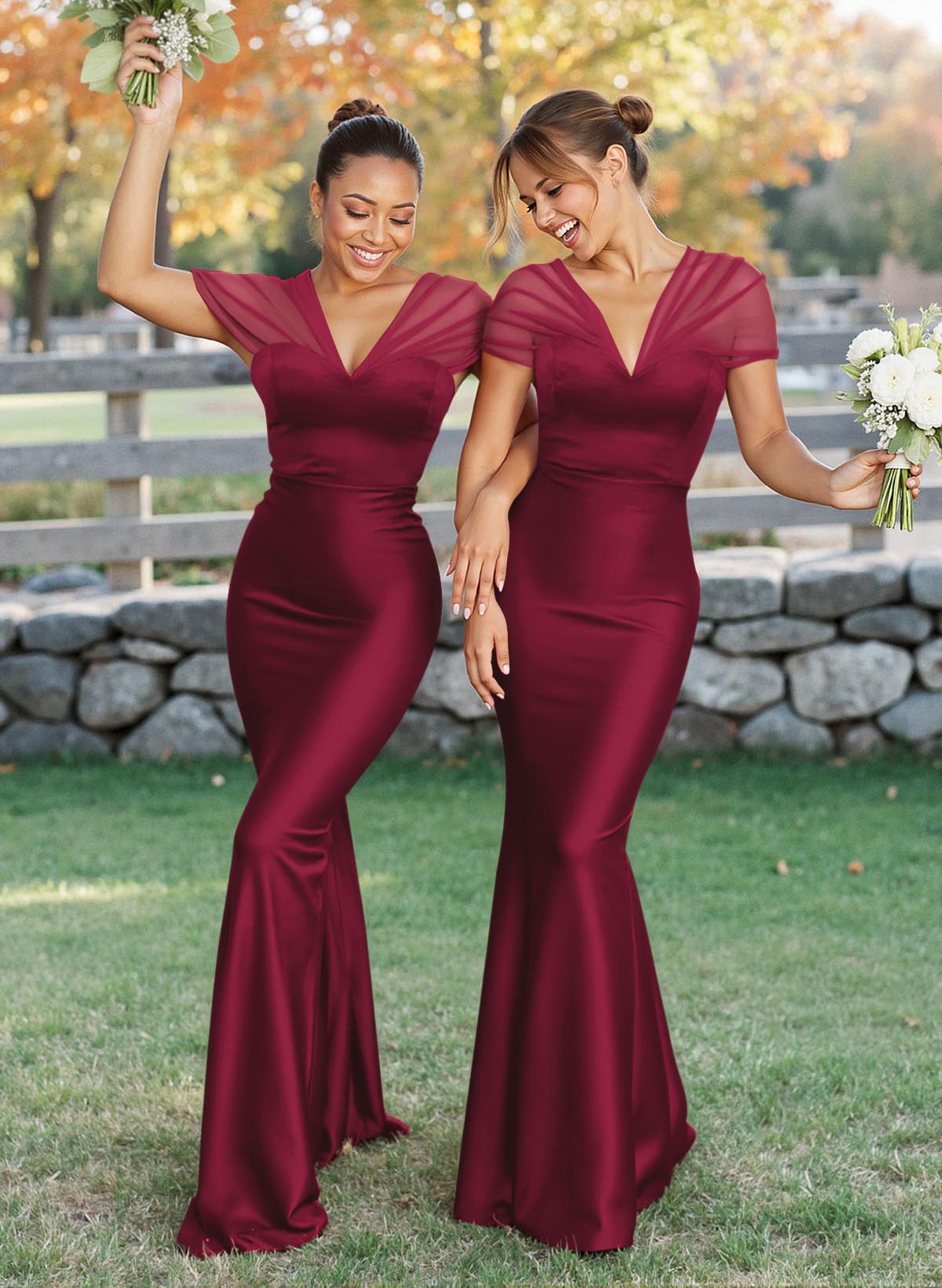 Elegant V-Neck Floor-Length Mermaid Satin/Tulle Bridesmaid Dresses, product image 13