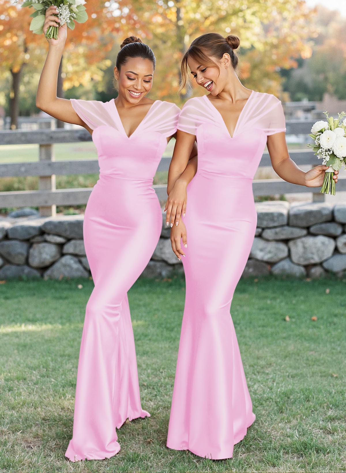 Elegant V-Neck Floor-Length Mermaid Satin/Tulle Bridesmaid Dresses, product image 136