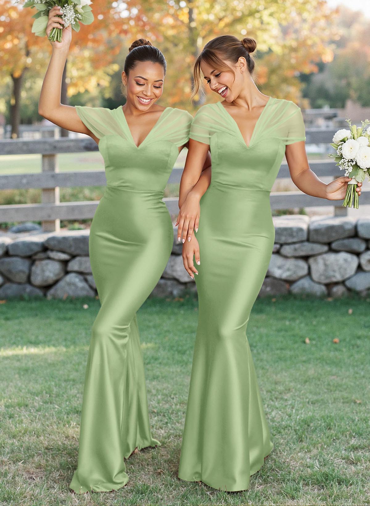 Elegant V-Neck Floor-Length Mermaid Satin/Tulle Bridesmaid Dresses, product image 19