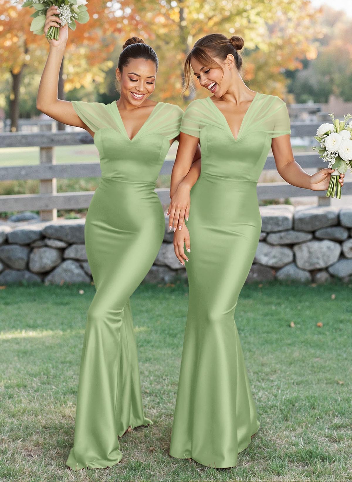 Elegant V-Neck Floor-Length Mermaid Satin/Tulle Bridesmaid Dresses, product image 19