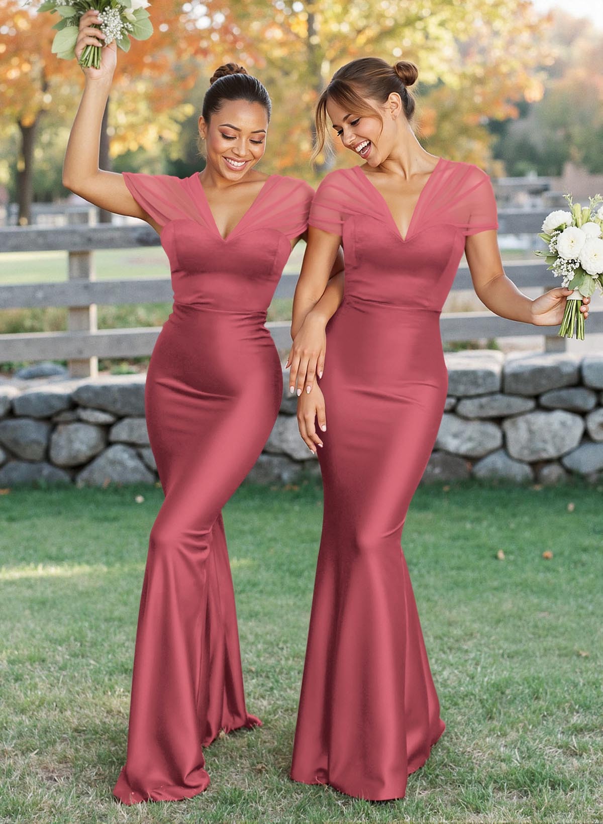 Elegant V-Neck Floor-Length Mermaid Satin/Tulle Bridesmaid Dresses, product image 148
