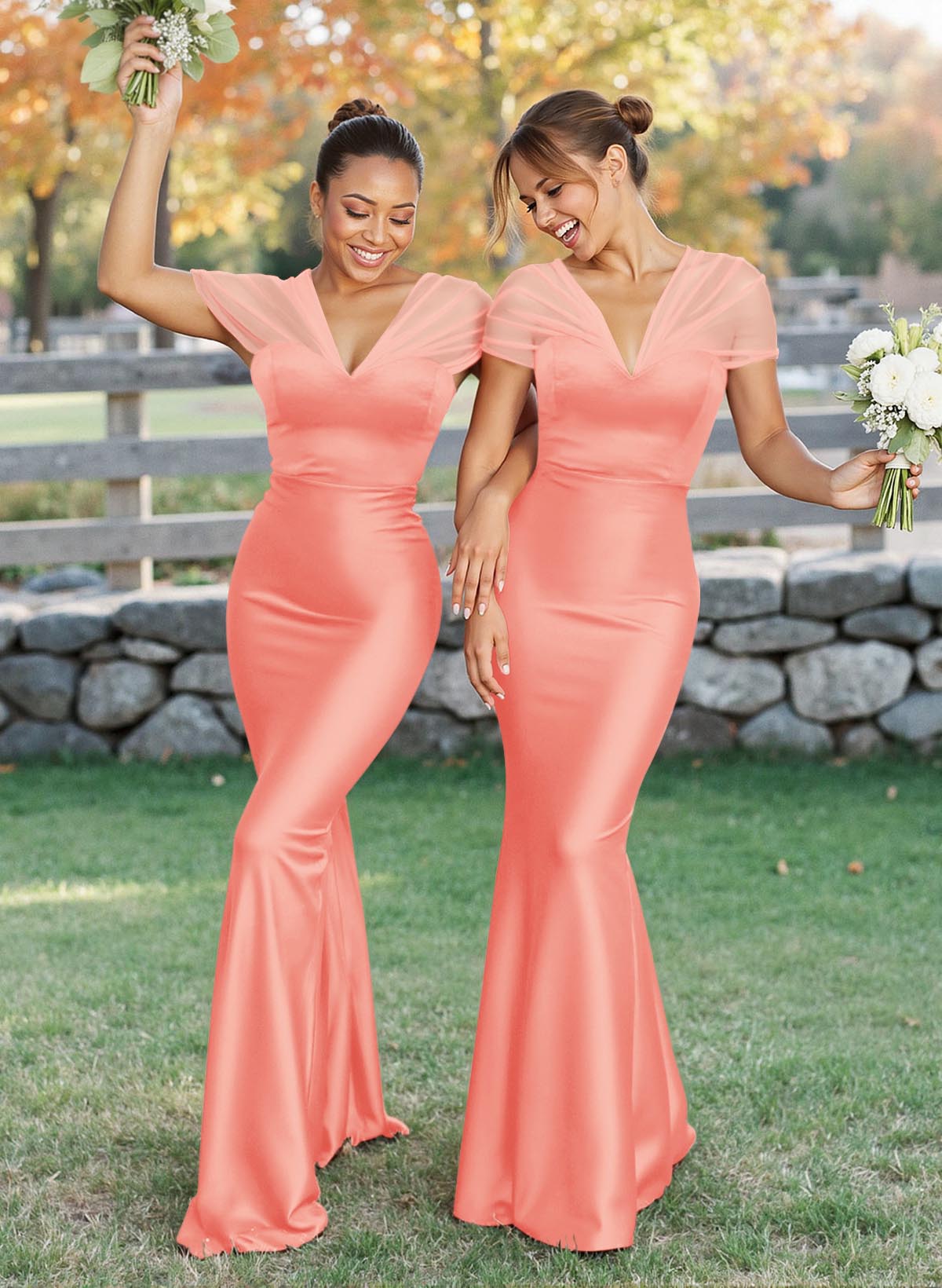 Elegant V-Neck Floor-Length Mermaid Satin/Tulle Bridesmaid Dresses, product image 133