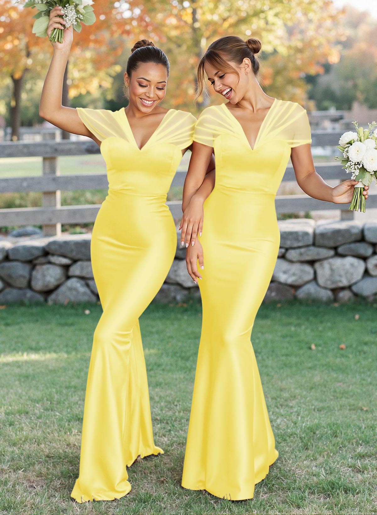 Elegant V-Neck Floor-Length Mermaid Satin/Tulle Bridesmaid Dresses, product image 28