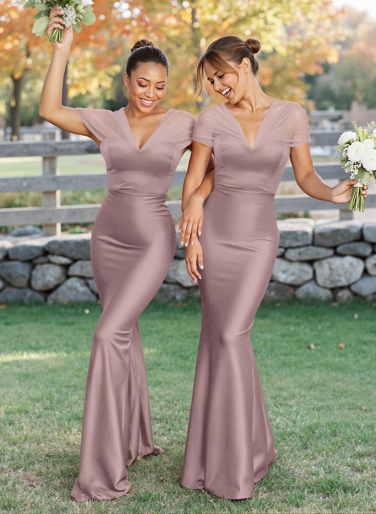 Elegant V-Neck Floor-Length Mermaid Satin/Tulle Bridesmaid Dresses, product image 37