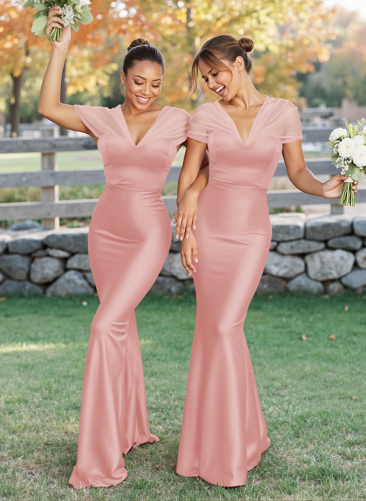 Elegant V-Neck Floor-Length Mermaid Satin/Tulle Bridesmaid Dresses, product image 43