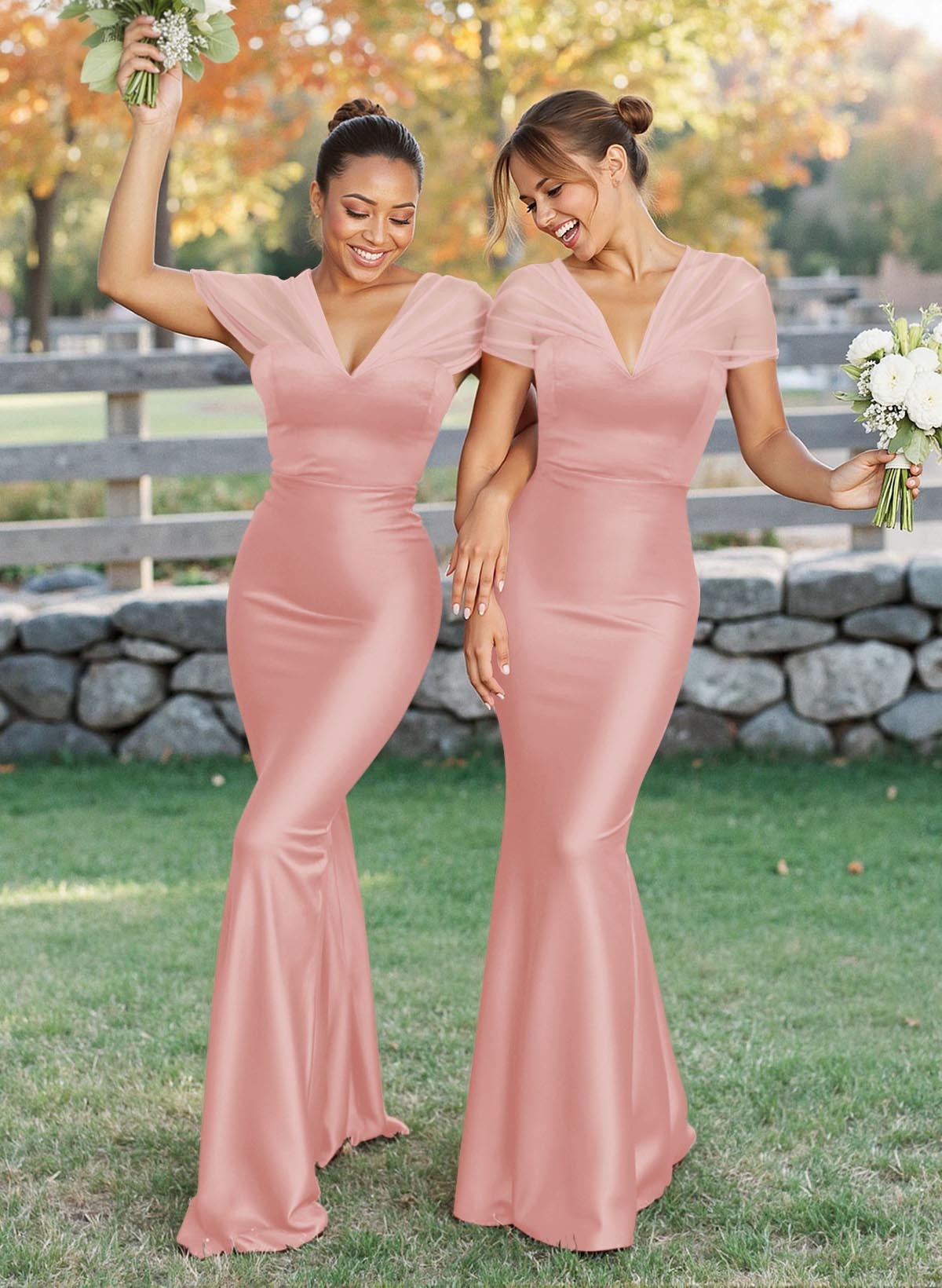 Elegant V-Neck Floor-Length Mermaid Satin/Tulle Bridesmaid Dresses, product image 43