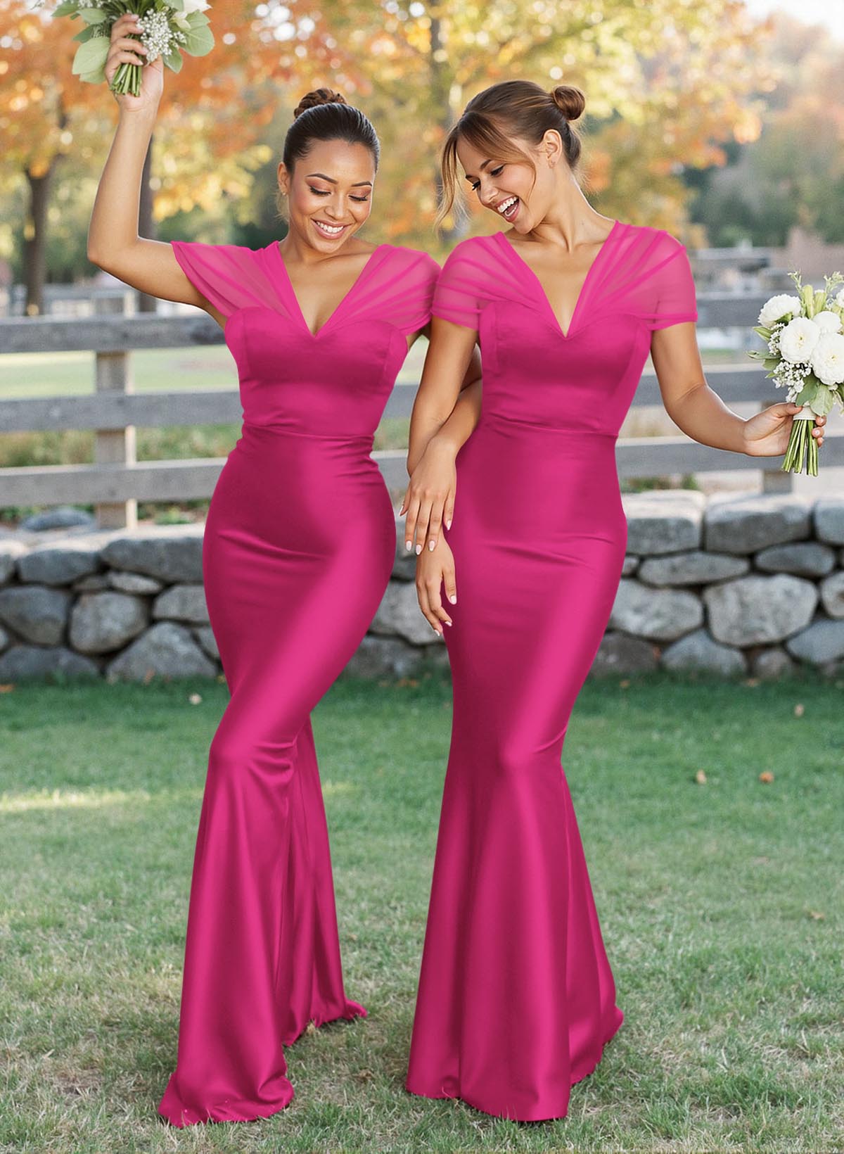 Elegant V-Neck Floor-Length Mermaid Satin/Tulle Bridesmaid Dresses, product image 49