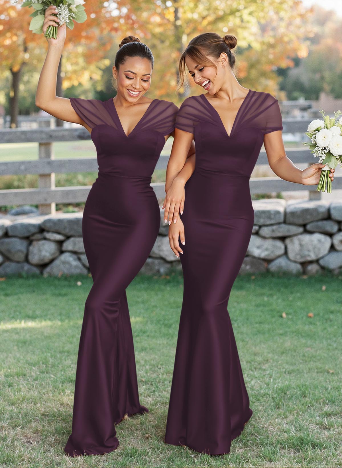 Elegant V-Neck Floor-Length Mermaid Satin/Tulle Bridesmaid Dresses, product image 52