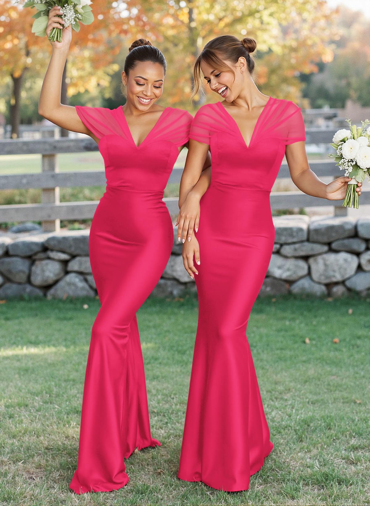 Elegant V-Neck Floor-Length Mermaid Satin/Tulle Bridesmaid Dresses, product image 55