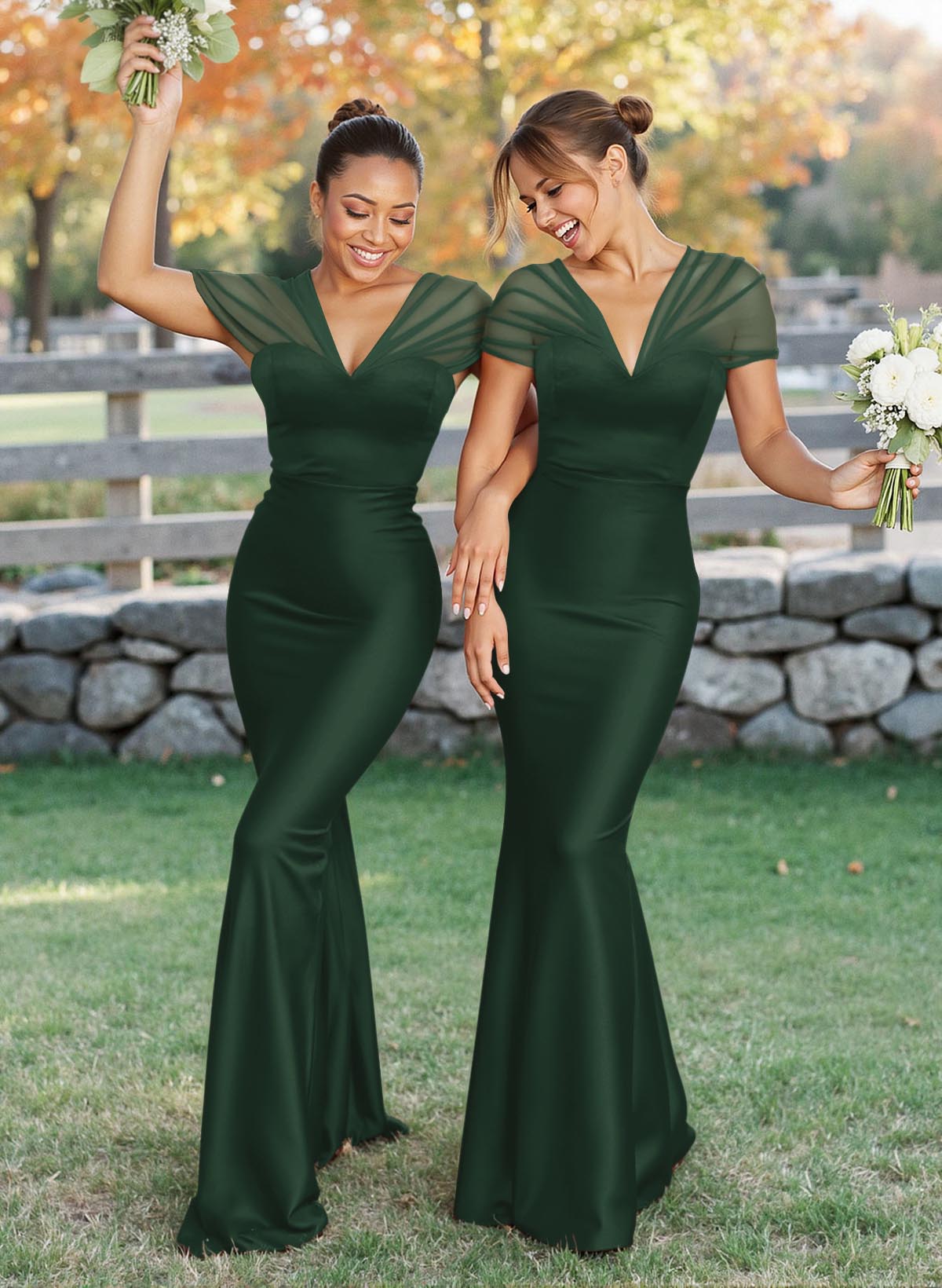 Elegant V-Neck Floor-Length Mermaid Satin/Tulle Bridesmaid Dresses, product image 58