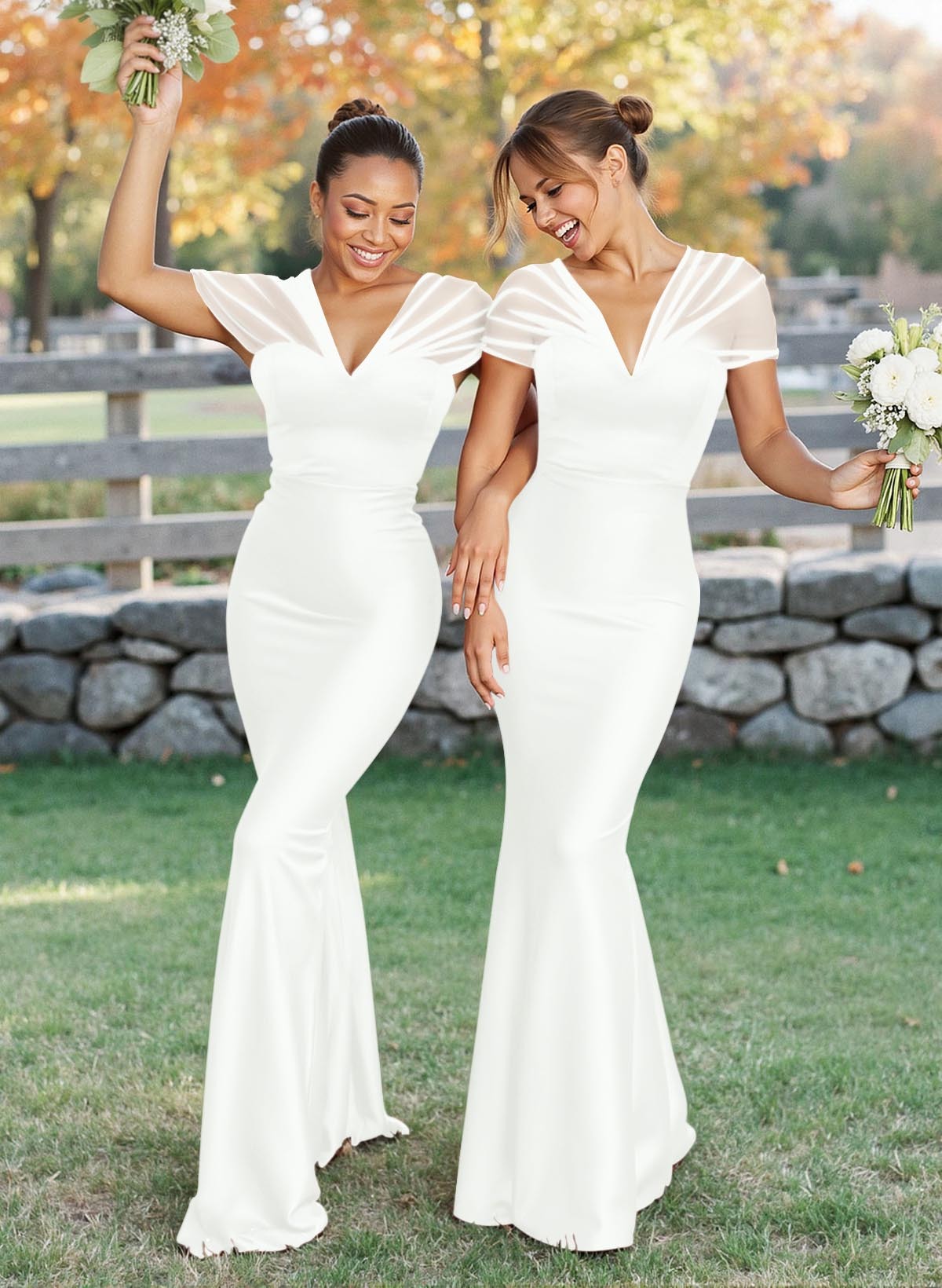 Elegant V-Neck Floor-Length Mermaid Satin/Tulle Bridesmaid Dresses, product image 64