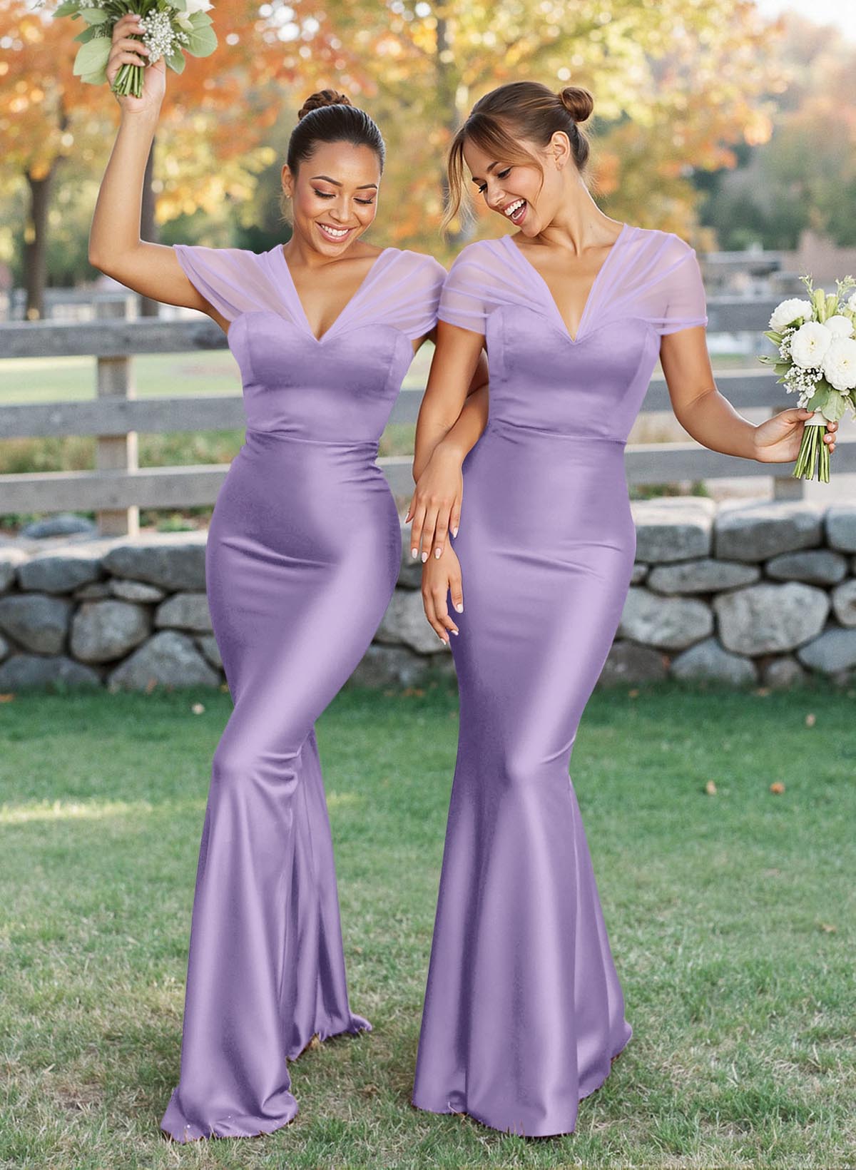 Elegant V-Neck Floor-Length Mermaid Satin/Tulle Bridesmaid Dresses, product image 169