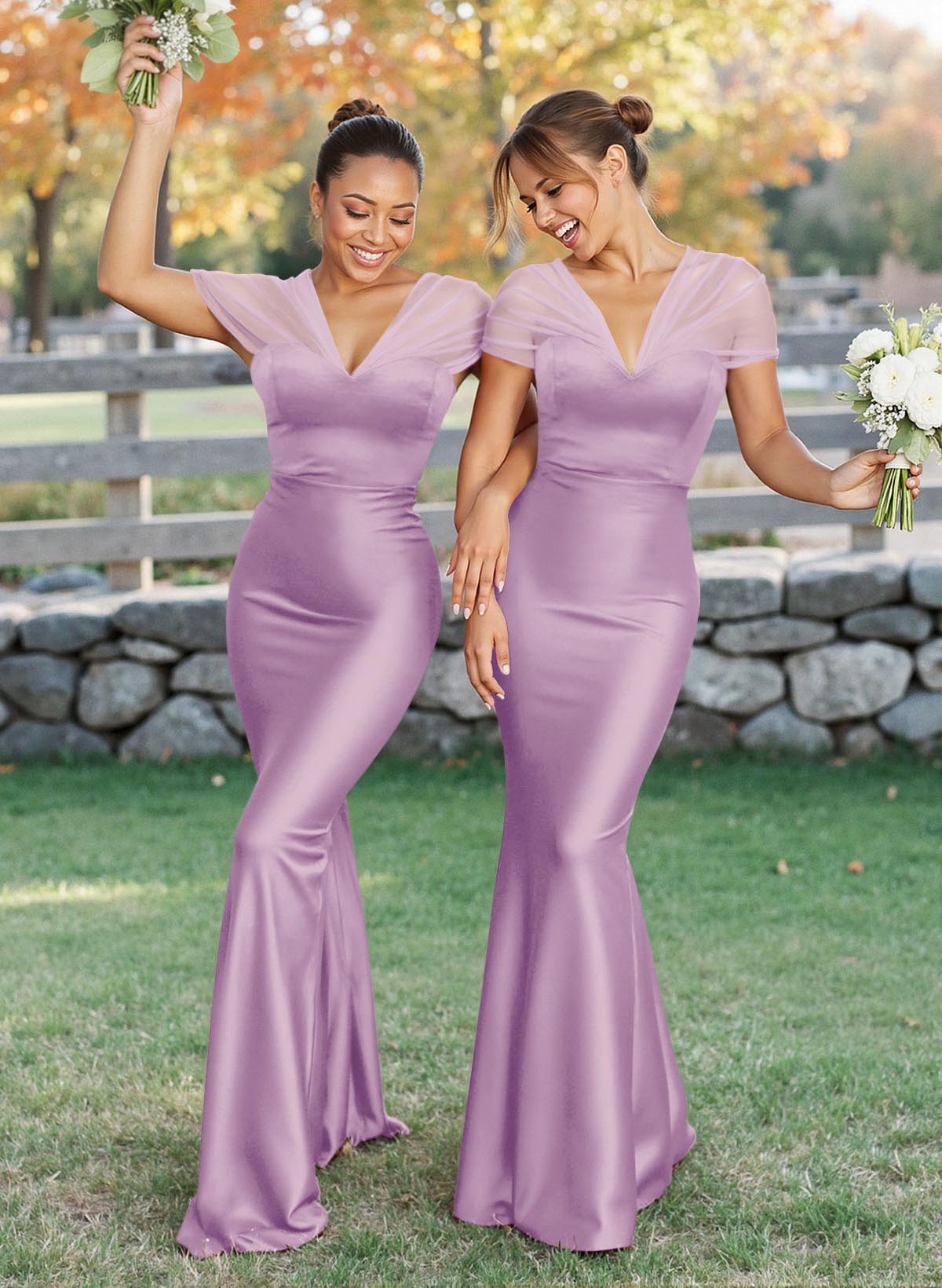 Elegant V-Neck Floor-Length Mermaid Satin/Tulle Bridesmaid Dresses, product image 70